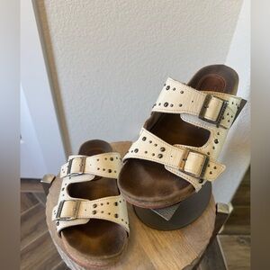 Freebird “Asher” Studded Double-Buckle Women’s Slide Sandals in Cream